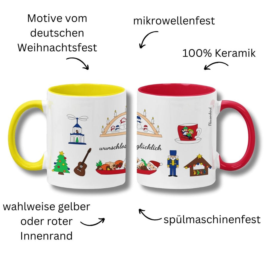 "wunschlos glücklich", Weihnachtstasse für Erwachsene und Kinder, 2 Varianten